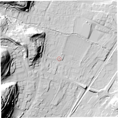 Shaded relief map of the ground around SY66AT, computed from Environment Agency LiDAR. The ground here sits at about 191 m above sea level and falls 55 m across the surrounding 800 m. Surface water reaching this point runs off ground lying to the west-north-west, 32.6 m higher.