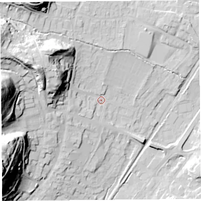 Shaded relief map of the ground around SY66AU, computed from Environment Agency LiDAR. The ground here sits at about 190 m above sea level and falls 54 m across the surrounding 800 m. Surface water reaching this point runs off ground lying to the west-north-west, 32.8 m higher.