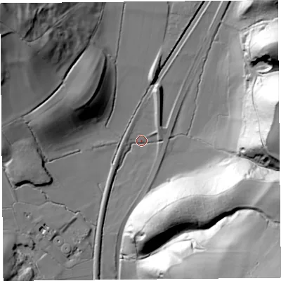 Shaded relief map of the ground around SY66AW, computed from Environment Agency LiDAR. The ground here sits at about 174 m above sea level and falls 72 m across the surrounding 800 m. Surface water reaching this point runs off ground lying to the north-north-east, 9.6 m higher.