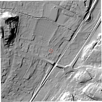 Shaded relief map of the ground around SY66AX, computed from Environment Agency LiDAR. The ground here sits at about 187 m above sea level and falls 38 m across the surrounding 800 m. Surface water reaching this point runs off ground lying to the west-north-west, 32.6 m higher.