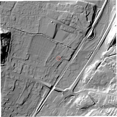 Shaded relief map of the ground around SY66AY, computed from Environment Agency LiDAR. The ground here sits at about 187 m above sea level and falls 33 m across the surrounding 800 m. Surface water reaching this point runs off ground lying to the north, 3.3 m higher.