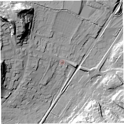 Shaded relief map of the ground around SY66AZ, computed from Environment Agency LiDAR. The ground here sits at about 189 m above sea level and falls 40 m across the surrounding 800 m. Surface water reaching this point runs off ground lying to the west-north-west, 2.8 m higher.