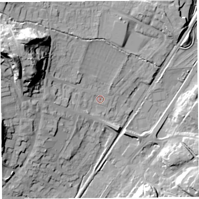 Shaded relief map of the ground around SY66BD, computed from Environment Agency LiDAR. The ground here sits at about 188 m above sea level and falls 40 m across the surrounding 800 m. Surface water reaching this point runs off ground lying to the west-north-west, 25.4 m higher.