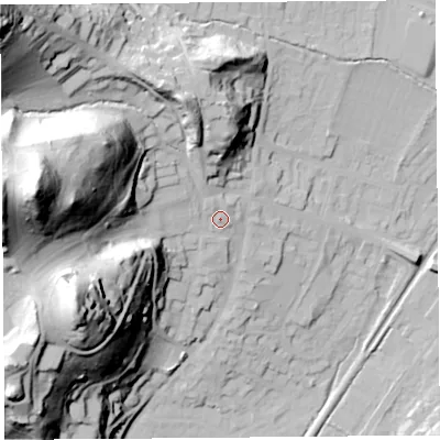 Shaded relief map of the ground around SY66BF, computed from Environment Agency LiDAR. The ground here sits at about 198 m above sea level and falls 87 m across the surrounding 800 m. Surface water reaching this point runs off ground lying to the west, 72.2 m higher.