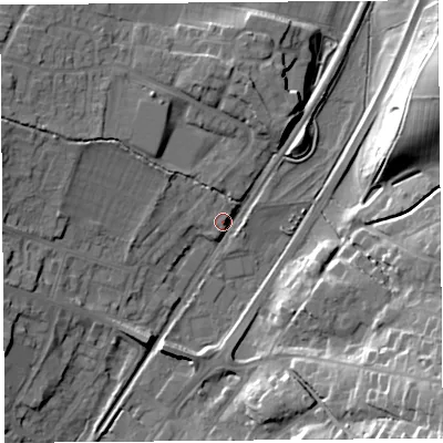 Shaded relief map of the ground around SY66BG, computed from Environment Agency LiDAR. The ground here sits at about 188 m above sea level and falls 28 m across the surrounding 800 m. Surface water reaching this point runs off ground lying to the north-north-west, 3.4 m higher.