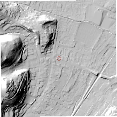 Shaded relief map of the ground around SY66BH, computed from Environment Agency LiDAR. The ground here sits at about 194 m above sea level and falls 71 m across the surrounding 800 m. Surface water reaching this point runs off ground lying to the north-west, 29.1 m higher.