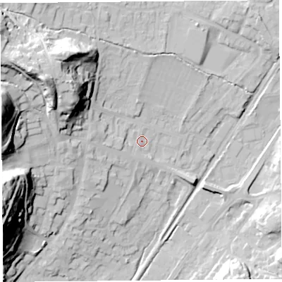 Shaded relief map of the ground around SY66BN, computed from Environment Agency LiDAR. The ground here sits at about 190 m above sea level and falls 48 m across the surrounding 800 m. Surface water reaching this point runs off ground lying to the west, 5.8 m higher.