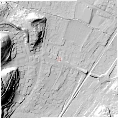 Shaded relief map of the ground around SY66BP, computed from Environment Agency LiDAR. The ground here sits at about 191 m above sea level and falls 59 m across the surrounding 800 m. Surface water reaching this point runs off ground lying to the west-north-west, 5.3 m higher.