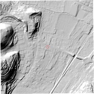 Shaded relief map of the ground around SY66BW, computed from Environment Agency LiDAR. The ground here sits at about 192 m above sea level and falls 68 m across the surrounding 800 m. Surface water reaching this point runs off ground lying to the north-west, 30.5 m higher.