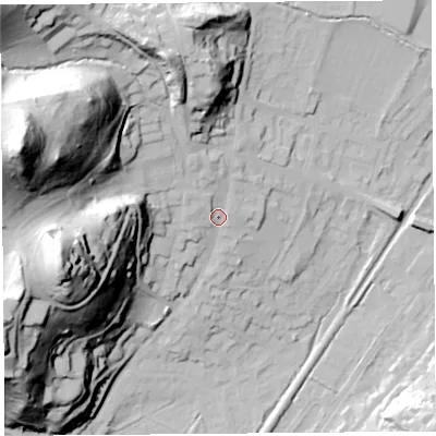Shaded relief map of the ground around SY66BX, computed from Environment Agency LiDAR. The ground here sits at about 194 m above sea level and falls 87 m across the surrounding 800 m. Surface water reaching this point runs off ground lying to the west-north-west, 76.2 m higher.