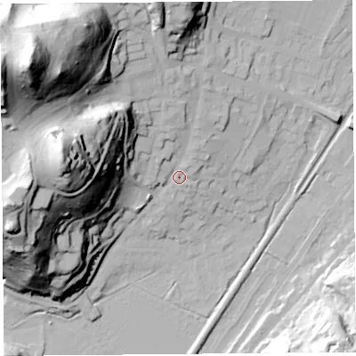 Shaded relief map of the ground around SY66BY, computed from Environment Agency LiDAR. The ground here sits at about 191 m above sea level and falls 88 m across the surrounding 800 m. Surface water reaching this point runs off ground lying to the north-west, 79.2 m higher.