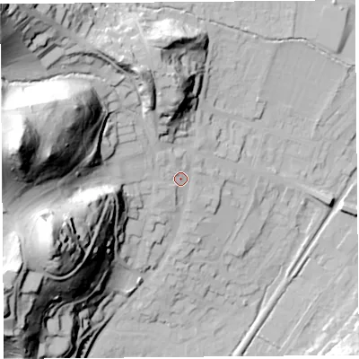 Shaded relief map of the ground around SY66DA, computed from Environment Agency LiDAR. The ground here sits at about 196 m above sea level and falls 87 m across the surrounding 800 m. Surface water reaching this point runs off ground lying to the west, 75.0 m higher.