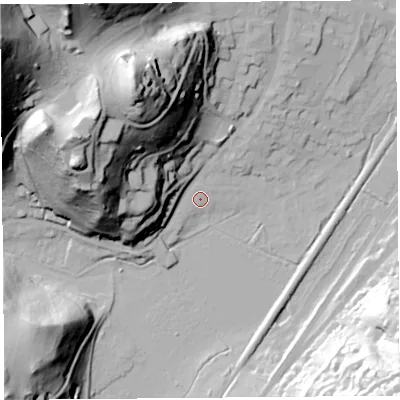 Shaded relief map of the ground around SY66DD, computed from Environment Agency LiDAR. The ground here sits at about 185 m above sea level and falls 92 m across the surrounding 800 m. Surface water reaching this point runs off ground lying to the west-north-west, 60.6 m higher.