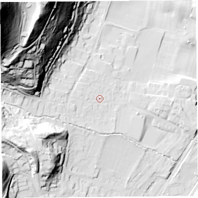 Shaded relief map of the ground around SY66DE, computed from Environment Agency LiDAR. The ground here sits at about 193 m above sea level and falls 134 m across the surrounding 800 m. Surface water reaching this point runs off ground lying to the west-north-west, 26.0 m higher.