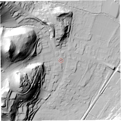 Shaded relief map of the ground around SY66DJ, computed from Environment Agency LiDAR. The ground here sits at about 197 m above sea level and falls 87 m across the surrounding 800 m. Surface water reaching this point runs off ground lying to the west, 74.3 m higher.