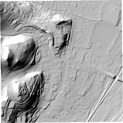 Shaded relief map of the ground around SY66DL, computed from Environment Agency LiDAR. The ground here sits at about 198 m above sea level and falls 87 m across the surrounding 800 m. Surface water reaching this point runs off ground lying to the north-north-west, 26.3 m higher.
