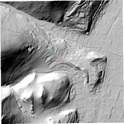 Shaded relief map of the ground around SY66DP, computed from Environment Agency LiDAR. The ground here sits at about 216 m above sea level and falls 144 m across the surrounding 800 m. Surface water reaching this point runs off ground lying to the west-north-west, 116.4 m higher.