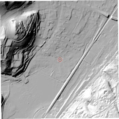 Shaded relief map of the ground around SY66DX, computed from Environment Agency LiDAR. The ground here sits at about 184 m above sea level and falls 80 m across the surrounding 800 m. Surface water reaching this point runs off ground lying to the north-west, 78.7 m higher.