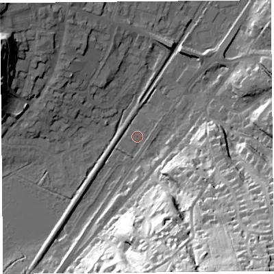 Shaded relief map of the ground around SY66EA, computed from Environment Agency LiDAR. The ground here sits at about 185 m above sea level and falls 64 m across the surrounding 800 m. Surface water reaching this point runs off ground lying to the south-south-west, 2.7 m higher.