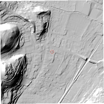 Shaded relief map of the ground around SY66EB, computed from Environment Agency LiDAR. The ground here sits at about 194 m above sea level and falls 71 m across the surrounding 800 m. Surface water reaching this point runs off ground lying to the west-north-west, 6.5 m higher.