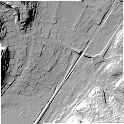 Shaded relief map of the ground around SY66EE, computed from Environment Agency LiDAR. The ground here sits at about 186 m above sea level and falls 40 m across the surrounding 800 m. Surface water reaching this point runs off ground lying to the north-north-west, 5.0 m higher.