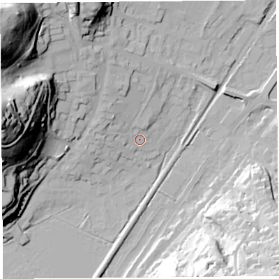 Shaded relief map of the ground around SY66EF, computed from Environment Agency LiDAR. The ground here sits at about 187 m above sea level and falls 67 m across the surrounding 800 m. Surface water reaching this point runs off ground lying to the north-north-west, 30.5 m higher.