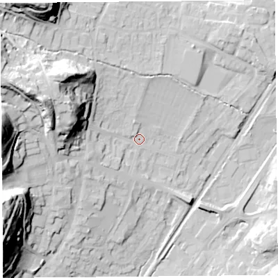 Shaded relief map of the ground around SY66EG, computed from Environment Agency LiDAR. The ground here sits at about 190 m above sea level and falls 46 m across the surrounding 800 m. Surface water reaching this point runs off ground lying to the west-north-west, 33.1 m higher.
