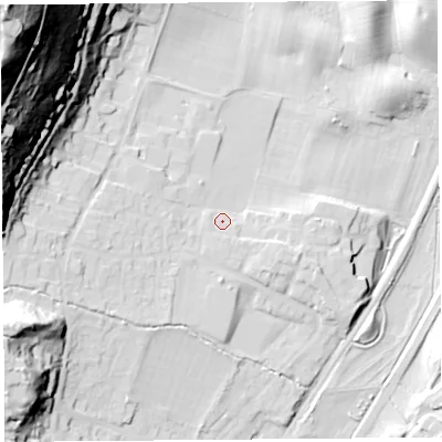 Shaded relief map of the ground around SY66EP, computed from Environment Agency LiDAR. The ground here sits at about 189 m above sea level and falls 100 m across the surrounding 800 m. Surface water reaching this point runs off ground lying to the south, 2.5 m higher.
