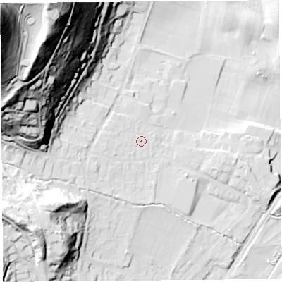 Shaded relief map of the ground around SY66ER, computed from Environment Agency LiDAR. The ground here sits at about 192 m above sea level and falls 117 m across the surrounding 800 m. Surface water reaching this point runs off ground lying to the west, 26.8 m higher.