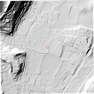 Shaded relief map of the ground around SY66ES, computed from Environment Agency LiDAR. The ground here sits at about 192 m above sea level and falls 93 m across the surrounding 800 m. Surface water reaching this point runs off ground lying to the north-west, 60.8 m higher.