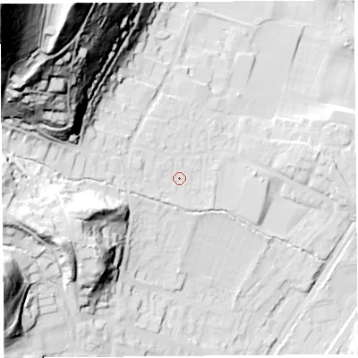Shaded relief map of the ground around SY66ET, computed from Environment Agency LiDAR. The ground here sits at about 193 m above sea level and falls 132 m across the surrounding 800 m. Surface water reaching this point runs off ground lying to the north-west, 111.6 m higher.