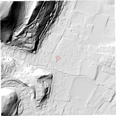 Shaded relief map of the ground around SY66EW, computed from Environment Agency LiDAR. The ground here sits at about 195 m above sea level and falls 144 m across the surrounding 800 m. Surface water reaching this point runs off ground lying to the west-north-west, 23.6 m higher.