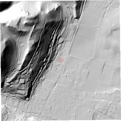 Shaded relief map of the ground around SY66EX, computed from Environment Agency LiDAR. The ground here sits at about 190 m above sea level and falls 141 m across the surrounding 800 m. Surface water reaching this point runs off ground lying to the west-north-west, 83.1 m higher.