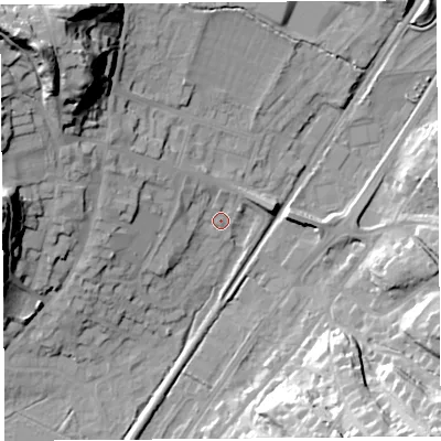 Shaded relief map of the ground around SY66FA, computed from Environment Agency LiDAR. The ground here sits at about 187 m above sea level and falls 40 m across the surrounding 800 m. Surface water reaching this point runs off ground lying to the north-west, 4.4 m higher.