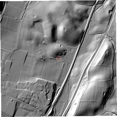 Shaded relief map of the ground around SY66HB, computed from Environment Agency LiDAR. The ground here sits at about 183 m above sea level and falls 28 m across the surrounding 800 m. Surface water reaching this point runs off ground lying to the south-west, 11.4 m higher.