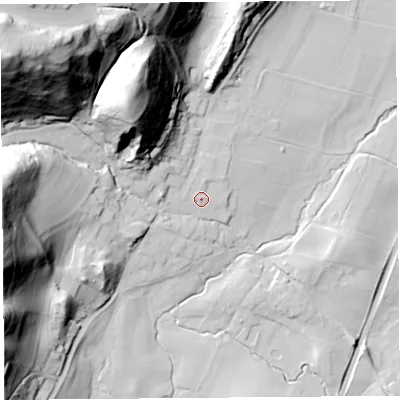 Shaded relief map of the ground around SY66HG, computed from Environment Agency LiDAR. The ground here sits at about 181 m above sea level and falls 99 m across the surrounding 800 m. Surface water reaching this point runs off ground lying to the north, 1.2 m higher.