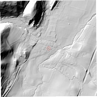 Shaded relief map of the ground around SY66HL, computed from Environment Agency LiDAR. The ground here sits at about 180 m above sea level and falls 98 m across the surrounding 800 m. Surface water reaching this point runs off ground lying to the west-north-west, 3.5 m higher.