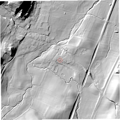 Shaded relief map of the ground around SY66HN, computed from Environment Agency LiDAR. The ground here sits at about 181 m above sea level and falls 63 m across the surrounding 800 m. Surface water reaching this point runs off ground lying to the east-north-east, 3.8 m higher.