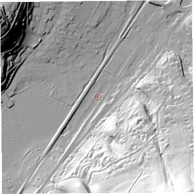 Shaded relief map of the ground around SY66HT, computed from Environment Agency LiDAR. The ground here sits at about 184 m above sea level and falls 123 m across the surrounding 800 m. Surface water reaching this point runs off ground lying to the south-east, 122.1 m higher.
