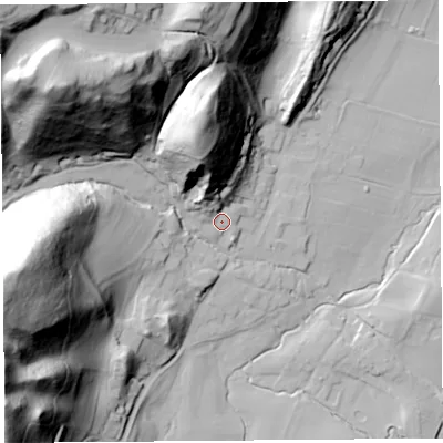 Shaded relief map of the ground around SY66HZ, computed from Environment Agency LiDAR. The ground here sits at about 185 m above sea level and falls 103 m across the surrounding 800 m. Surface water reaching this point runs off ground lying to the north-north-west, 19.9 m higher.