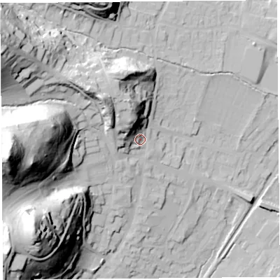 Shaded relief map of the ground around SY66JA, computed from Environment Agency LiDAR. The ground here sits at about 197 m above sea level and falls 86 m across the surrounding 800 m. Surface water reaching this point runs off ground lying to the north-north-west, 18.3 m higher.