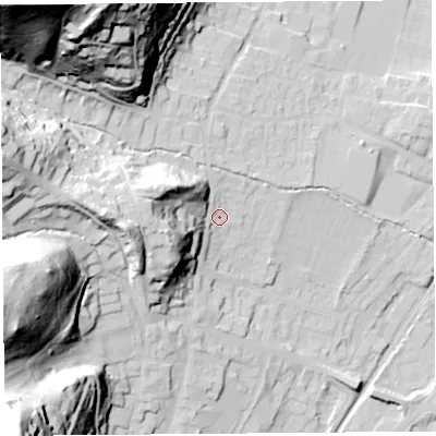 Shaded relief map of the ground around SY66JB, computed from Environment Agency LiDAR. The ground here sits at about 194 m above sea level and falls 95 m across the surrounding 800 m. Surface water reaching this point runs off ground lying to the west, 26.7 m higher.