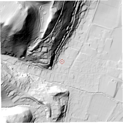 Shaded relief map of the ground around SY66JD, computed from Environment Agency LiDAR. The ground here sits at about 196 m above sea level and falls 149 m across the surrounding 800 m. Surface water reaching this point runs off ground lying to the west-north-west, 30.5 m higher.