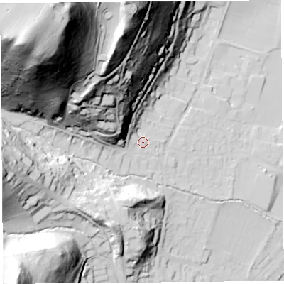 Shaded relief map of the ground around SY66JE, computed from Environment Agency LiDAR. The ground here sits at about 198 m above sea level and falls 149 m across the surrounding 800 m. Surface water reaching this point runs off ground lying to the west-north-west, 20.9 m higher.