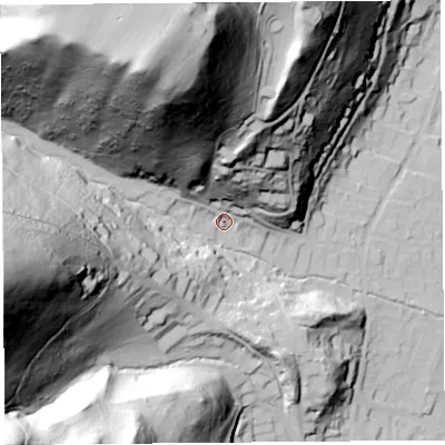Shaded relief map of the ground around SY66JF, computed from Environment Agency LiDAR. The ground here sits at about 204 m above sea level and falls 144 m across the surrounding 800 m. Surface water reaching this point runs off ground lying to the north-north-west, 127.8 m higher.