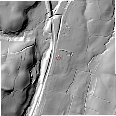Shaded relief map of the ground around SY66LU, computed from Environment Agency LiDAR. The ground here sits at about 156 m above sea level and falls 49 m across the surrounding 800 m. Surface water reaching this point runs off ground lying to the south-south-west, 1.6 m higher.