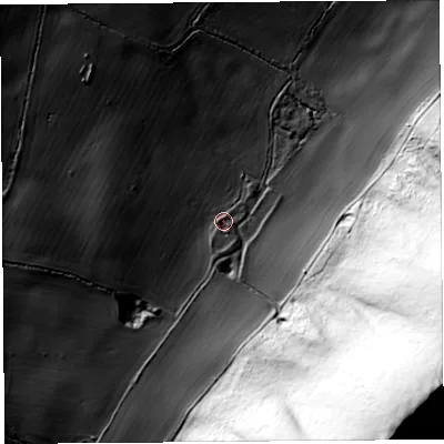 Shaded relief map of the ground around SY66LZ, computed from Environment Agency LiDAR. The ground here sits at about 180 m above sea level and falls 225 m across the surrounding 800 m. Surface water reaching this point runs off ground lying to the south-east, 194.2 m higher.