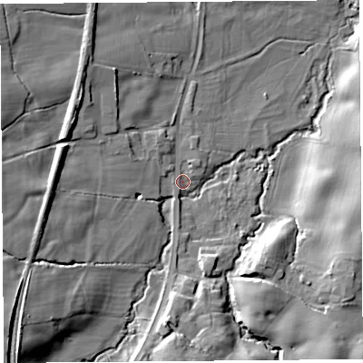 Shaded relief map of the ground around SY66NB, computed from Environment Agency LiDAR. The ground here sits at about 133 m above sea level and falls 23 m across the surrounding 800 m. Surface water reaching this point runs off ground lying to the south-west, 15.8 m higher.
