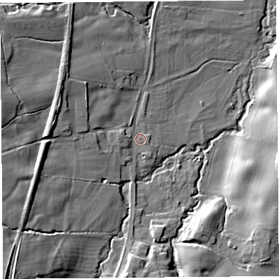 Shaded relief map of the ground around SY66ND, computed from Environment Agency LiDAR. The ground here sits at about 133 m above sea level and falls 23 m across the surrounding 800 m. Surface water reaching this point runs off ground lying to the south-west, 16.8 m higher.