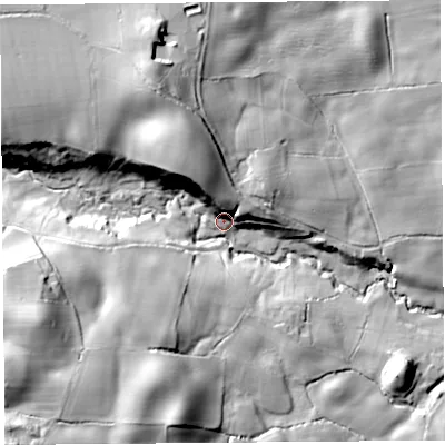 Shaded relief map of the ground around SY66NJ, computed from Environment Agency LiDAR. The ground here sits at about 157 m above sea level and falls 46 m across the surrounding 800 m. Surface water reaching this point runs off ground lying to the south-west, 36.8 m higher.